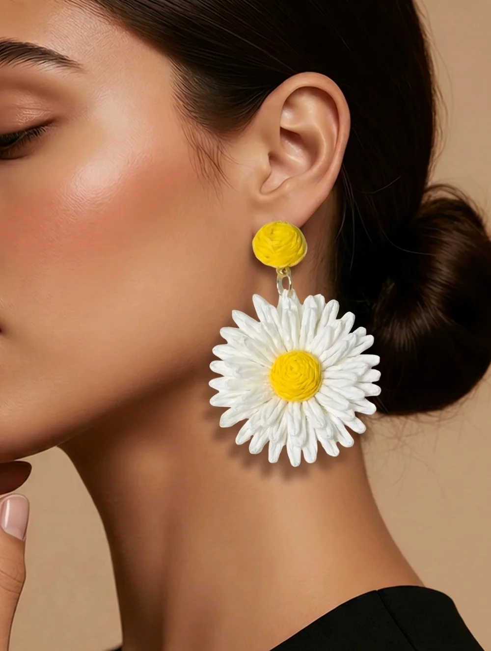 White Raffia Daisy Flower Earrings Boho Coastal Statement Spring Summer Jewelry